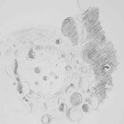 Mondkrater Clavius in Terminatornähe; Zeichnung am Teleskop von H. Hermelingmeier