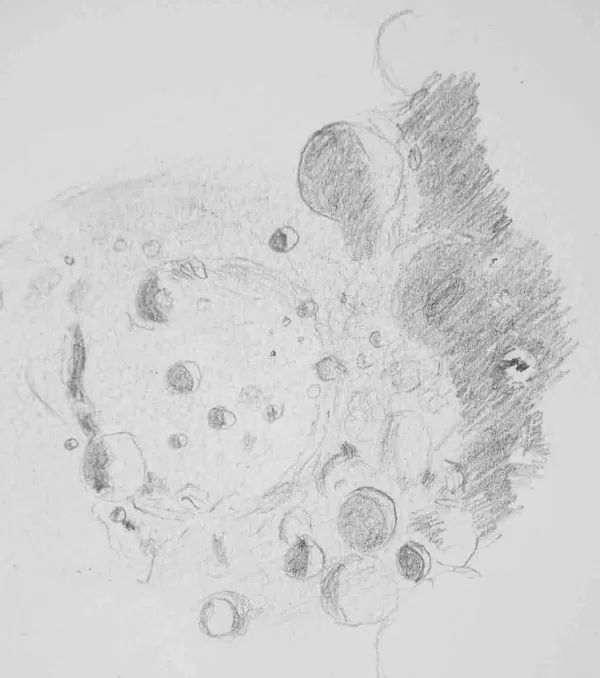 Mondkrater Clavius in Terminatornähe; Zeichnung am Teleskop von H. Hermelingmeier